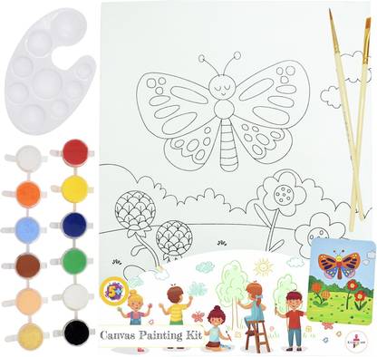 Kalakaram Butterfly Canvas Painting Kit with Printed Canvas Board, with Paints and Brushes