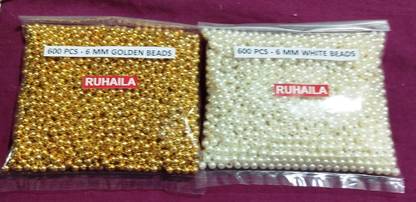 RUHAILA 6 MM WHITE + GOLDEN PEARL PLASTIC BEADS FOR EMBRIODERY JWELLERY CRAFT 1200 PCS
