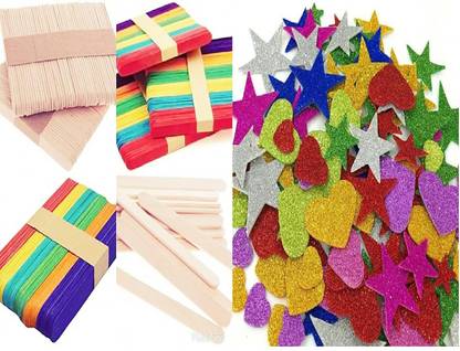 K A Enterprises Wooden Ice Cream Sticks 100 Pcs&40 Pieces Mixed Shaped Glitter Foam Stickers