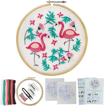 EmbroideryMaterial.com Embroidery Kit for Beginners with Birds Pattern Printed Tutorial Pages All Materials Included