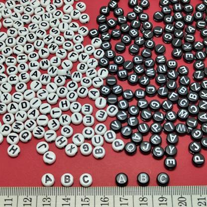 FANC Alphabet Beads Black & White Round Disc Shape Engraved Alphabets, 208 Beads
