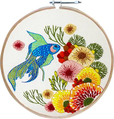 EmbroideryMaterial.com Embroidery Kit Fish in Coral Design Digital Printed -Material Included