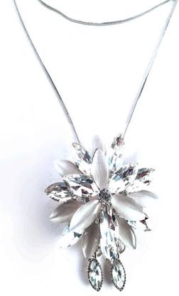 Indian Petals Rhinestone Crystals Pearls Studed Floral Design Fashion Chain Pendent - Silver
