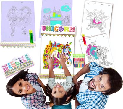 Miniature Mart Unicorn Doodle Art Coloring Kit For 5-99 Years 20 Sheets+12 Sketch Pen+2 Hanging