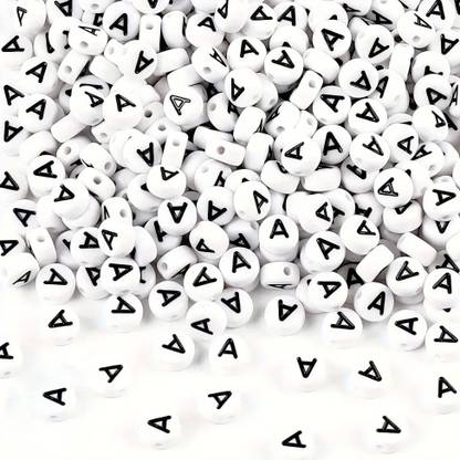 INDIKONB Alphabet Letter Beads – White Beads with Black Letters (A)