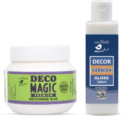 LITTLE BIRDIE Deco Magic Glue Matte 225ml and Decor Varnish Gloss 100ml Bottle Gloss Varnish