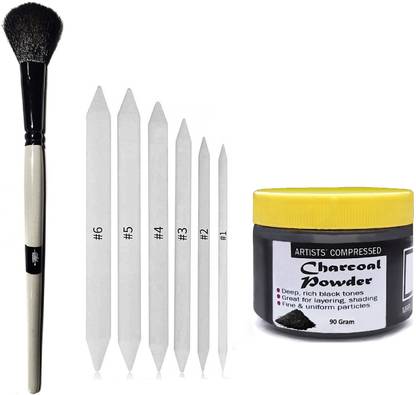 ChiggiWiggi Art Blending Brush With 6 Pcs Blending Paper Stumps and 90 Gram Charcoal Powder
