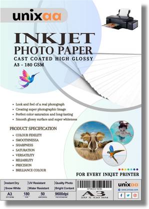 UNIXAA 180 GSM High Glossy Inkjet Photo Paper A3 Size (50 Paper Sheet)