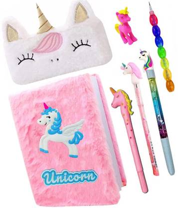 MINDFIT Unicorn Stationery Kit Fur Diary Notebook Pen Pencil Eraser Pouch Giftr For Kids