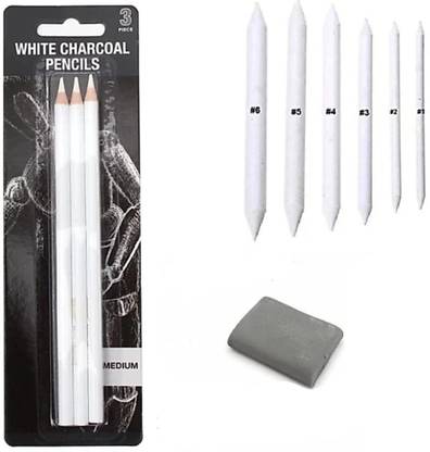 Brightlance Art Kit with White Charcoal Pencils (3), Paper stumps (6)+ Kneadable Eraser (1)