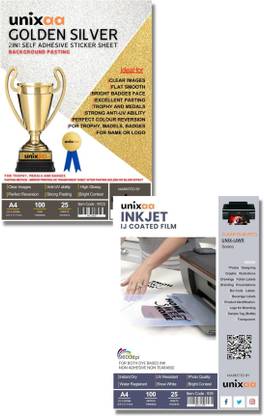 UNIXAA Inkjet Clear Transparent Sheet With Golden & Silver Self Adhesive Sheet 25 Combo