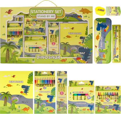 WISHKEY 41 Pieces Dinosaur Theme All-in-One Stationery Set with Pencil Box, Notebook