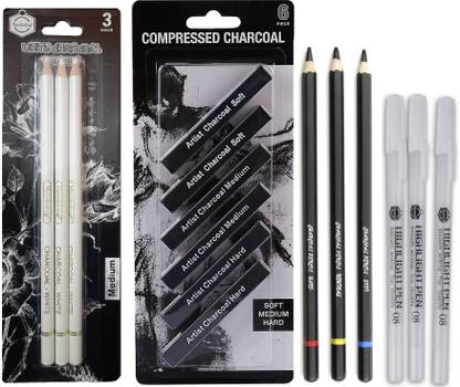 ChiggiWiggi 3 White & 3 Black Charcoal Pencil,6 Compressed Charcoal, 3 White Highlighter Pen