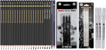 ChiggiWiggi 24 Drawing Pencil,3 Black Woodless and 3 White Charcoal Pencil & 3 White Gel Pen