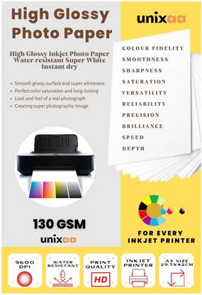 UNIXAA 130 GSM High Glossy Inkjet A3 Photo Paper For Inkjet Printer (50 Paper Sheet)