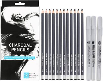 ChiggiWiggi 12 Black Charcoal Pencil and 3 White Highlighter Gel Pen for Art Drawing 0.8 mm