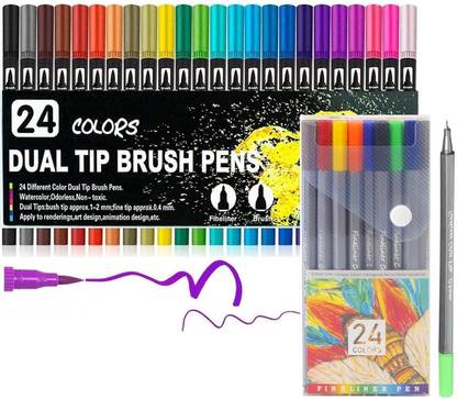 Corslet 48 Pcs Colors Dual Tip Markers Brush Pen With Fineliner Pen Set 0.4mm Pen Set
