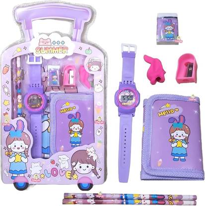 Vadhavan 7 in 1 Stationery Gift Set for Kids Watch, Sharpener, Eraser 2 Pencils, Pouch