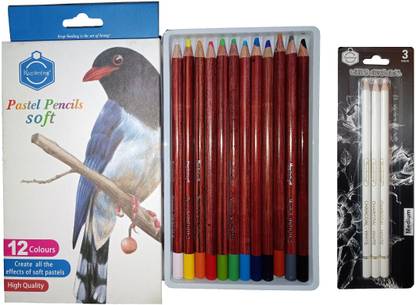 ChiggiWiggi 12 Art Soft Pastel Pencil Set & 3 White Charcoal Pencil Set for Sketching-Medium