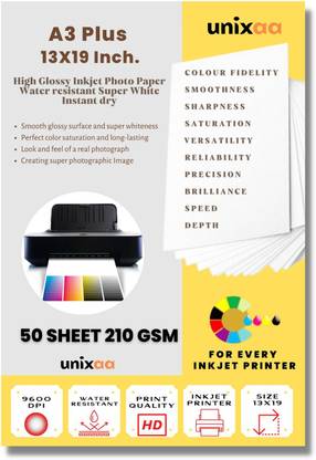 UNIXAA A3 Plus 210 GSM high Glossy Inkjet Photo Paper (13X19 INCH)