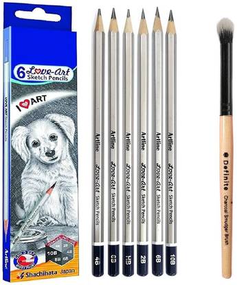 Definite Artline Set of 6 Drawing/Sketch Pencils + Blending Smudger Brush for Shading etc