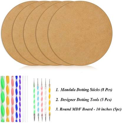 Definite 5pc Round MDF Board 10inch/25cm w/ Mandala Art Tools - Mandala Sticks & Dot Tool