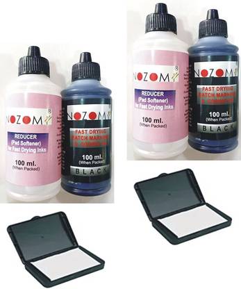 NOZOMI BLACK Fast Drying Batch Marking Ink / Permanent marker ink with Reducer and Blank Stamp Pad (100 Ml.) Saver pack of 2 sets
