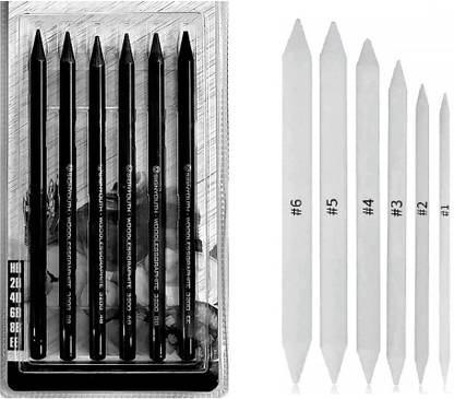 Brightlance Set of 6 Woodless Charcoal Drawing & Sketching Pencils with 6 Pieces Stumps