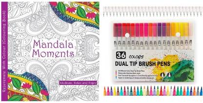 Craftacious 44 Pages Mandala Art Book & 36Pc Dual Tip Coloring Fineliner Brush Pen Markers