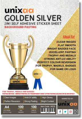 UNIXAA Golden & Silver Self Adhesive Sticker Sheet With Background Pasting (A4, 100)