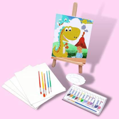 TommysUK Painting Set for Kids 5 - 12 Years Boys & Girls Canvas Painting Kit for Kids with Wooden Canvas Paining Stand/ Water Color Tube / Color Mixing Palette and 6 Painting Brushes