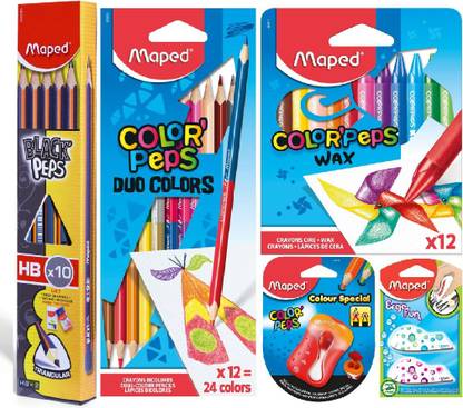 Maped Stationery Kit - Pencil Box, Eraser, Color pencil, Crayon and Sharpner- Creative