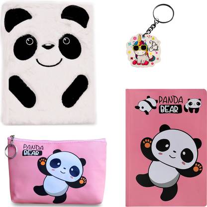 govindsonsstore Panda fur diary notebook with pouch pencil box, unicorn key ring Combo pack of 4
