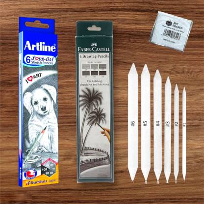 SHOP UNKLE ARTLINE DRAWING PENCIL+FC DRAWING PENCIL SET+PAPER STUMPS+KNEADABLE ERASER COMBO