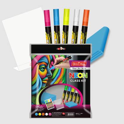 Soni Officemate Neon Glass Kit - 5 Vibrant Window Markers + 1 Acrylic sheet + 1 Microfiber Cloth