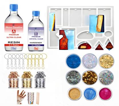 Shiva Creation Premium Ultra Clear Resin(200ml) with Keychain Mould kit,Glitters,Mica Powder