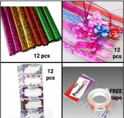 Posshe Gift Wrap 12 Wraping Spakle Sheet 12 Fancy Flower Rebon 12 Name Sticker 1 Tape