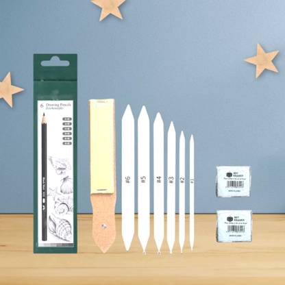 SKYGOLD Art FABER CASTELL Drawing Graded Pencils - 2B, 3B, 4B, 5B, 6B and 8B (Pack of 6) + Blending/Smudging Stumps Set of 6 (Size 1 to 6) + Sand Paper Pencil/Stump Sharpener + TWO Kneadable Eraser for Graphite and Charcoal Pencils