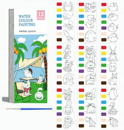 ECOMSHREEJI Animal Queue Water Painting Book for Kids - 12 Sheets with Painting Brush