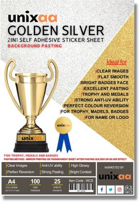 UNIXAA Golden & Silver Self Adhesive Sticker Sheet With Background Pasting (A4, 25)