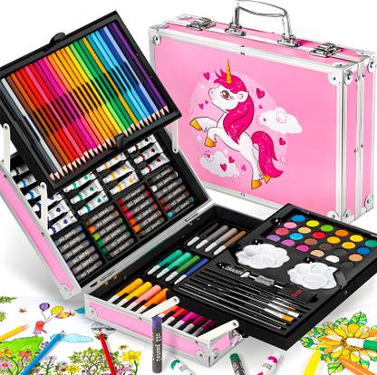 WISHKEY Unicorn Theme 145 Pieces Art Set for Drawing and Painting with Case, Oil Pastel