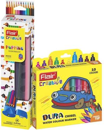 FLAIR Creative Series 12 Shades Colour Pencil Kit & 10 Shades Chisel Water Colour Pen