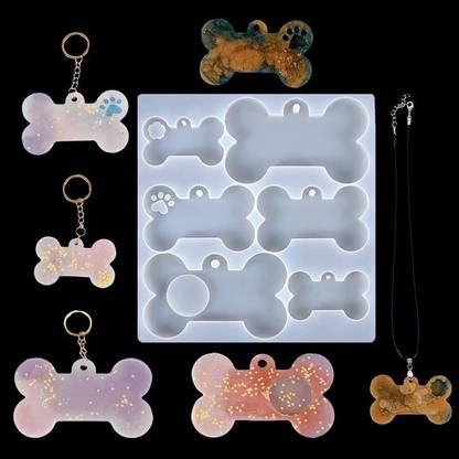 RakaEnterprises RAKA- Dog Bone Mold with Keyrings Resin, 4 PCS Dog Bone, 10 PCS Keychain Set