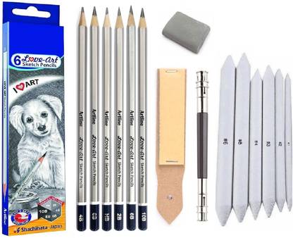 Craftacious Artline 6pc Sketch Pencils, 6Pc Blend/Smudge Stump, Eraser, Extender & SandPaper