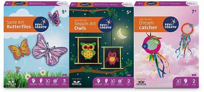 Pidilite Fevicreate Make Your Own Craft Kit (1 Sequin Art Owl, 1 Butterfly and 1 Dream Catcher)
