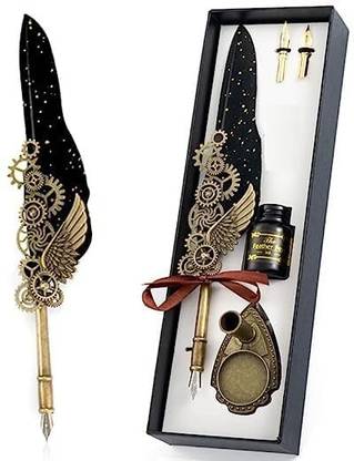 CLVMART Feather Pen Set Calligraphy Pen Set Writing Quill Ink Dip Pen with 2 PCs Nib