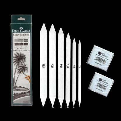 SKYGOLD Art FABER CASTELL Drawing Graded Pencil Set - 2B, 3B, 4B, 5B, 6B and 8B (Pack of 6) + Blending/Smudging Stumps Pack of 6 (Size 1 to 6) + TWO Kneadable Eraser for Graphite and Charcoal Pencils