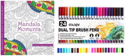 Craftacious 44 Pages Mandala Art Book & 24Pc Dual Tip Coloring Fineliner Brush Pen Markers