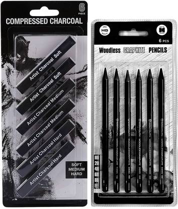 ChiggiWiggi 6 Compressed Charcoal Stick Set & 6 Woodless Graphite Pencil For Art & Sketching