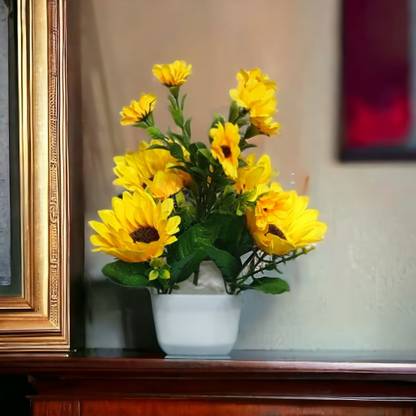 Litleo Great For Home Office or gift, Bring brightness around you with Yellow, Green Sunflower Artificial Flower  with Pot